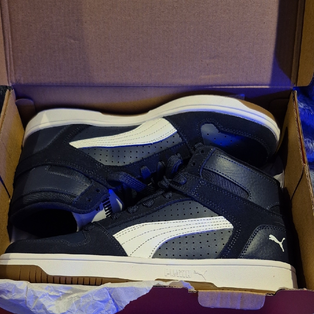 New In Box Puma Men's Black and White High-Top Rebound Layup Suede 8.5